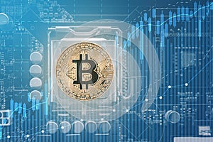 Gold Bitcoin electronic computer processor board with business graph