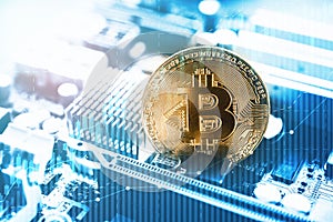 Gold Bitcoin electronic computer processor board with business graph