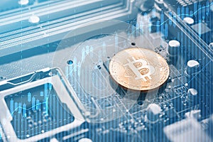 Gold Bitcoin electronic computer processor board with business graph