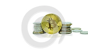 Gold Bitcoin stack on isolated white background.