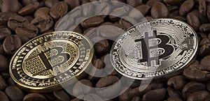 Gold Bitcoin surround by coffee bean