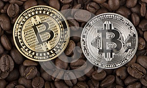 Gold Bitcoin surround by coffee bean