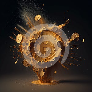 Gold bitcoin symbol on black background. bitcoin coins splashing out with golden dusts, digital art
