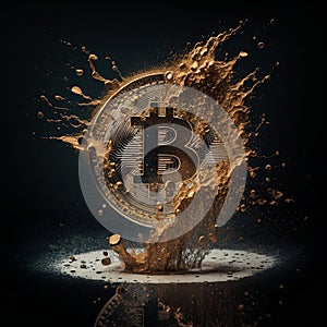 Gold bitcoin symbol on black background. bitcoin coins splashing out with golden dusts, digital art