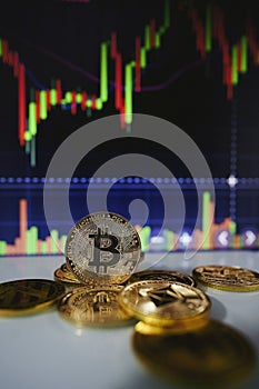Gold Bitcoins with candle stick graph chart and digital background
