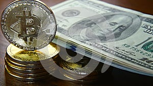 Gold bitcoins and dollars. New and old money. Virtual money