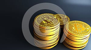 gold bitcoins laying on reflective surface, 3d Rendering photo
