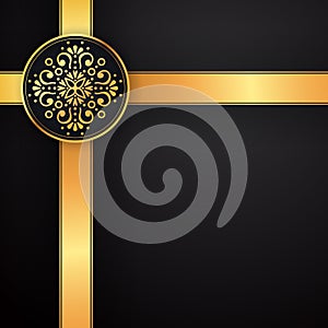 Gold black background design vector. Sun Indian pattern. Eye peacock feather frame. Oriental mandala swirl ornament for