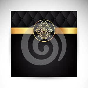 Gold black background design vector. Sun Indian pattern. Eye peacock feather frame. Oriental mandala swirl ornament for