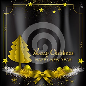 Gold and black background with Snowflake and ball for Christmas Holiday Season. Vector illustration