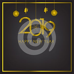 Gold and black background with Snowflake and ball for Christmas Holiday Season 2019, Vector illustration