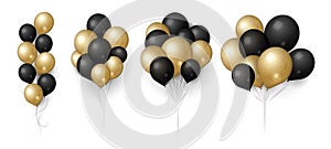 Gold black balloons. glittered balloon bunch, isolated flying festive decoration. realistic 3d birthday wedding sale or