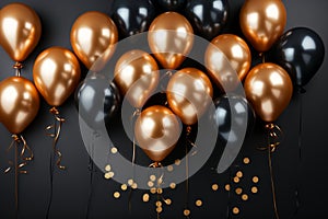 gold and black balloons with sparkles on black background. Different helium party balloons. Space for text. Colorful balloons on