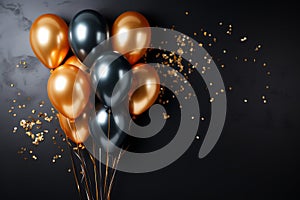 gold and black balloons with sparkles on black background. Different helium party balloons. Space for text. Colorful balloons on