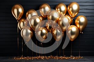 gold and black balloons with sparkles on black background. Different helium party balloons. Space for text. Colorful balloons on