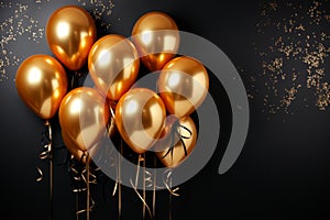 gold and black balloons with sparkles on black background. Different helium party balloons. Space for text. Colorful balloons on