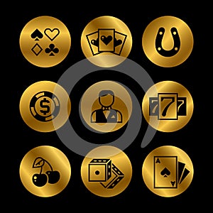 Gold and black lottery, roulette, casino, slot machine, gambling vector icons