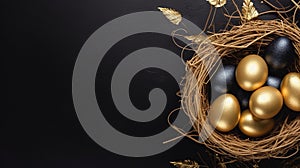 Gold and black metallic Easter eggs in a nest, with gold leaves around, on a dark background. Luxurious Easter holiday