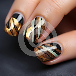 Gold And Black Nail Art With Abstract Stripes - Innovative Techniques