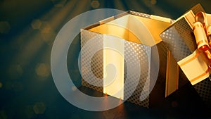 gold and black opened surprise gift box on blue - abstract 3D illustration