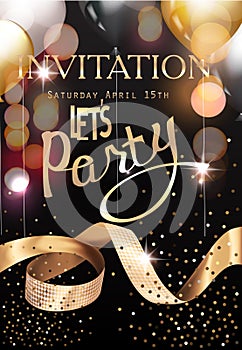 Gold and black Royal party invitation card with defocused lights, air balloons and gold curly ribbon.