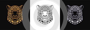 Gold, black and silver jaguar head, set of isolated outline jaguar face. Spotted panther, predatory wildcat