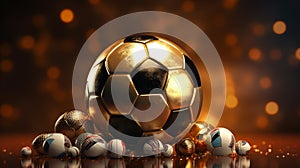 Gold-Black Soccer ball with Particles. 3D illustration. 3D high quality rendering. Generative AI
