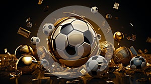 Gold-Black Soccer ball with Particles. 3D illustration. 3D high quality rendering. Generative AI