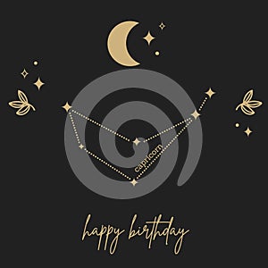 Gold and black stylish magic zodiac capricorn  birthday card with star constellation, moon and leaves