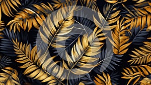 Gold and black tropical leaves pattern design. Wall art wallpaper