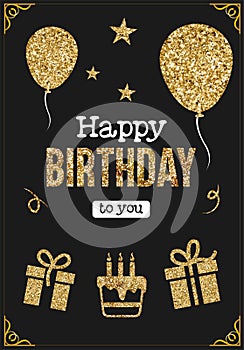 gold and black vector birthday card, balloons, gifts and clean background