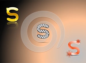 Gold, black and white, orange colors with the letter S