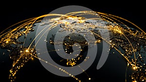 A gold and black world map on a black background