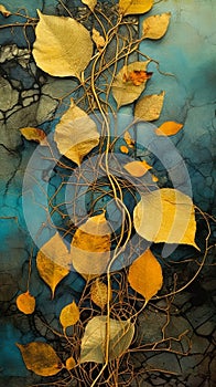 Gold Blue Background Closeup Tree Yellow Leaves Dried Vines Petals Interconnections Diagrams Lighting Aquatic Falling Withered