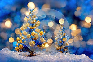 Gold and Blue Christmas Tree Glows Brightly On Snow Covered Foggy Christmas Morning. Ai digital art illustration