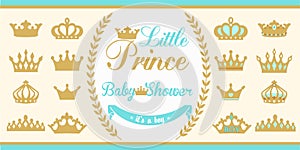 Gold and blue crowns set. Little prince design elements.