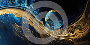 Gold and blue glass globe marble. Shiny, flowing stone design. Abstract planet, 3d world. Science background wallpaper.
