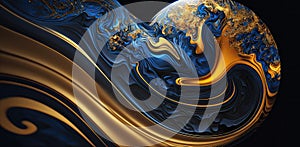 Gold and blue glass globe marble. Shiny, flowing stone design. Abstract planet, 3d world. Science graphic pattern background