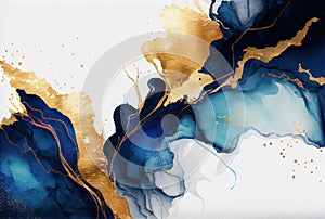 Gold and blue marbling abstract background, watercolor paint texture