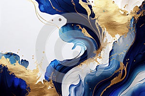 Gold and blue marbling abstract background, watercolor paint texture