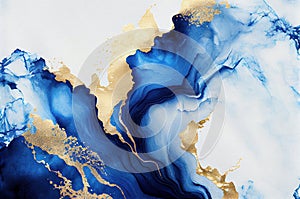 Gold and blue marbling abstract background, watercolor paint texture