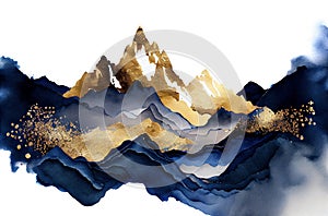 Gold and blue marbling abstract background of waves and mountains silhouettes