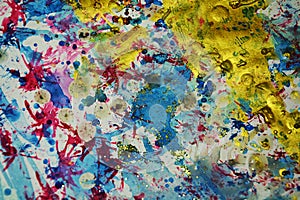 Gold blue red pink splashes, contrasts, paint watercolor creative background