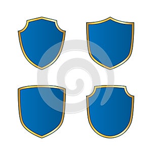 Gold-blue shield shape icons set. Bright logo emblem sign isolated on white background. Empty shape shield. Symbol of