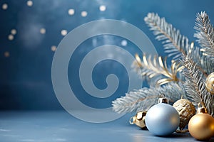 Gold and blue silver Christmas ornaments, garland on blue background, Christmas background. Generative AI