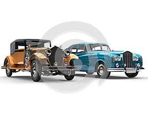 Gold and blue vintage cars