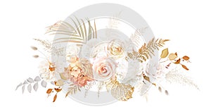 Gold, blush, beige, white rose, peony, dahlia, ranunculus, hydrangea flower, pampas grass