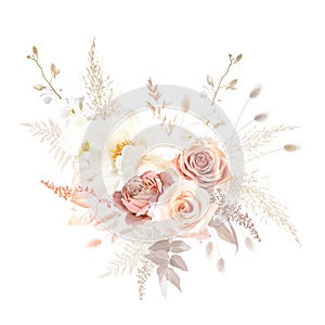 Gold, blush pink, beige, white rose, peony, orchid, ranunculus flower, lagarus, pampas grass
