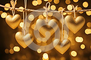 Gold Bokeh Lights and Golden Hanging Hearts on String