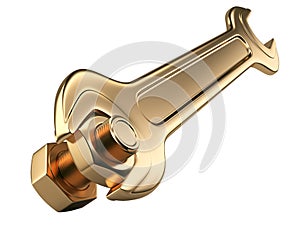 Gold bolt nut and spanner.